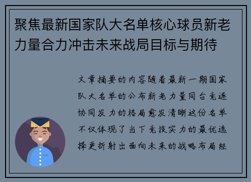 聚焦最新国家队大名单核心球员新老力量合力冲击未来战局目标与期待